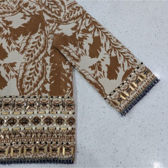 Chico's Tan Brown Open Front Crop Cardigan Sweater 3/4 Sleeve Embellished M/8 - Picture 8 of 11